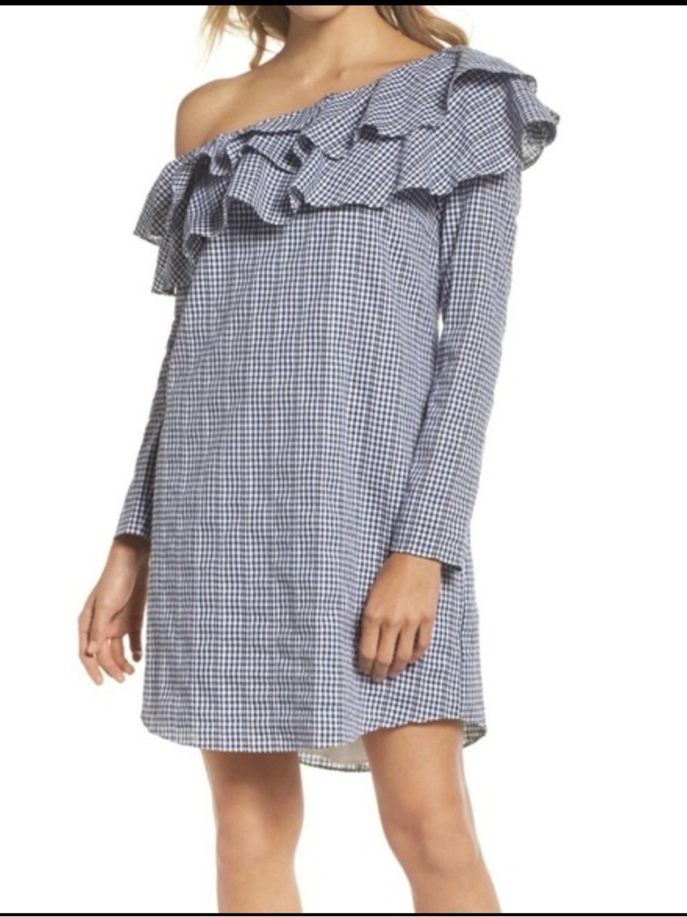 Adelyn Rae Sz XS Ruffle One-Shoulder Ruffle Gingham Dress Blue White - Picture 2 of 5